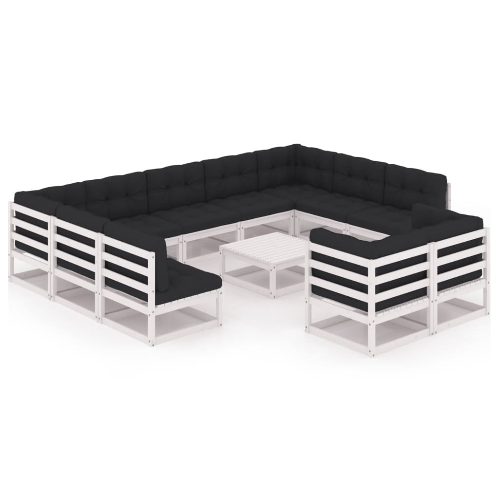 12-tlg. Garten-Lounge-Set mit Kissen Weiss Kiefer Massivholz